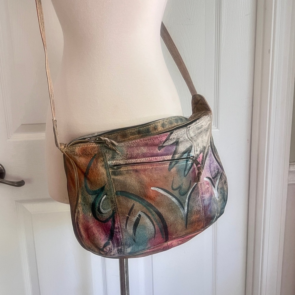 Hand Painted Leather Crossbody Bag Womens Medium Metallic Multicolor Art